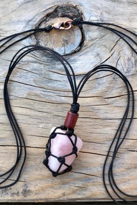 Necklace, Crystal, Handmade, Medium Length Rose Quartz Macrame Necklace Approximately 22 Inch Length