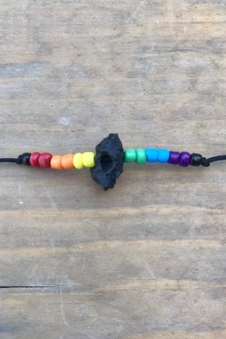 Pride jewelry, lava Rock, Custom Pride Beaded Rainbow Bracelet or Anklet With Black lava rock and Adjustable Cord, Love Is Love LGBTQIA