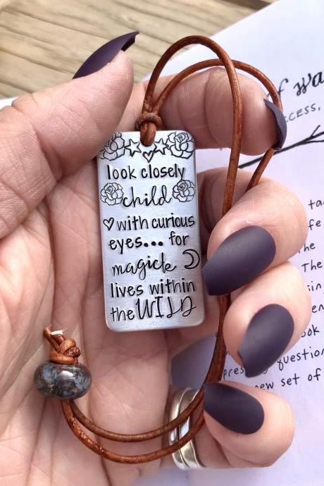 Magick lives in the wild metal bookmark with leather cord and stone bead