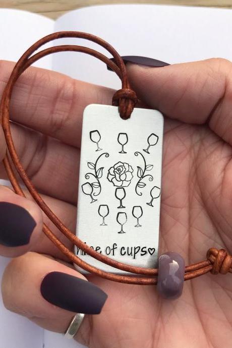 9 Of Cups Tarot Card Metal Bookmark With Leather Cord And Stone Bead