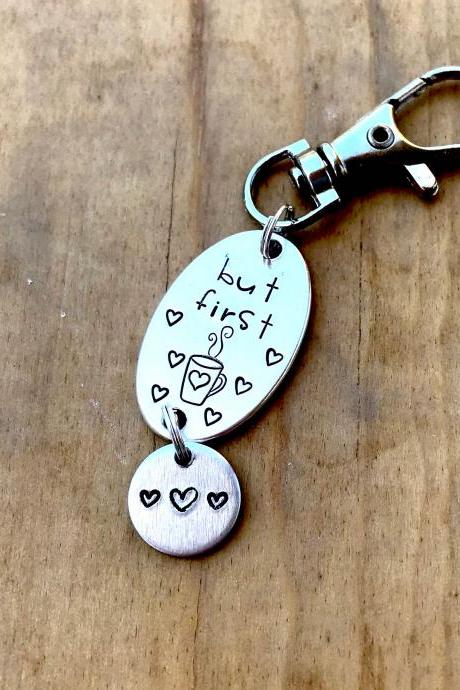 Keychain, But First Coffee, silver color metal, lightweight antique silver, aluminum, love, coffee, thoughtful gift, keychain