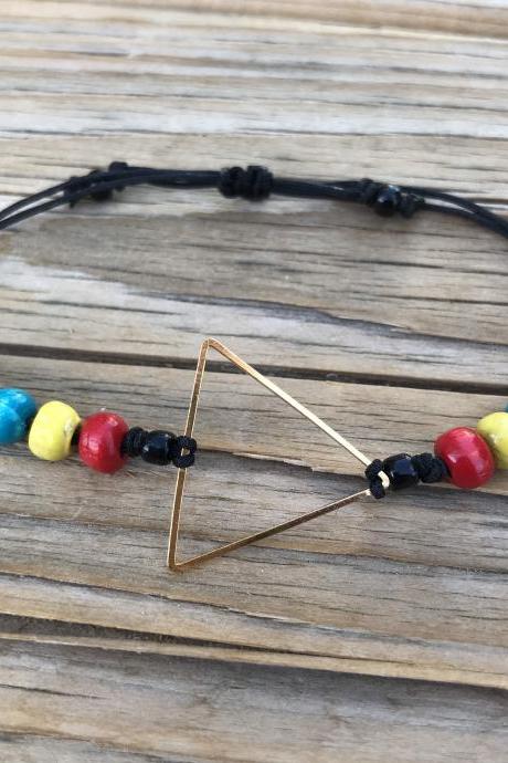 Classic Pride WOOD Beaded Rainbow With Golden Brass Triangle, Bracelet or Anklet With Black Adjustable Cord