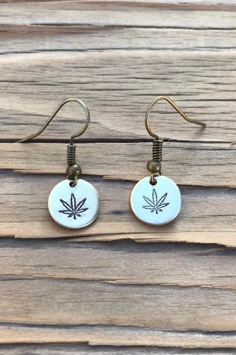 Earrings, Marijuana, Pot leaf, Golden brass Tiny earrings