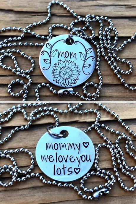 Double sided, Mom sunflower, secret message, ball chain, aluminum fancy, lightweight, love, thoughtful gift, necklace, silver