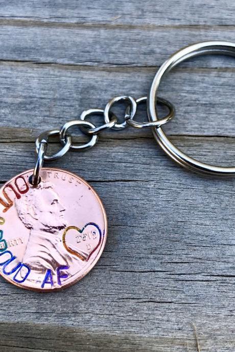 Hand stamped, custom Rainbow letter,Penny keychain, Queer, lbgt, pride. Initials, name, customizable colorful, colors, roygbiv
