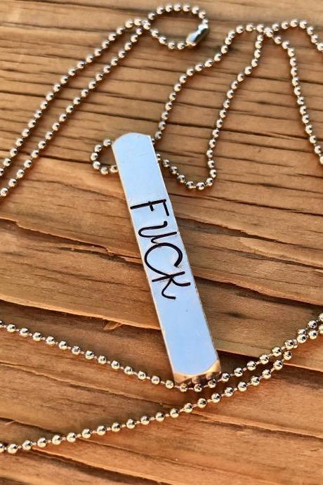 3d Rectangle Curse Word, Ball Chain, Silver Metal, Fancy, Lightweight, Love, Thoughtful Gift, Necklace.