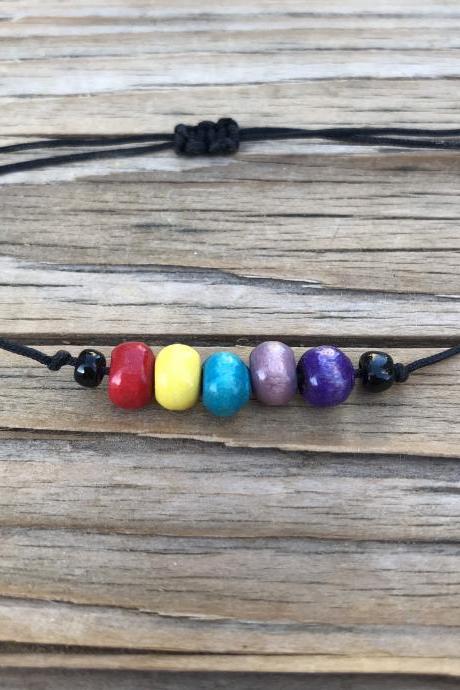 Classic Pride WOOD Beaded Rainbow Bracelet or Anklet With Black Adjustable Cord Love is Love.