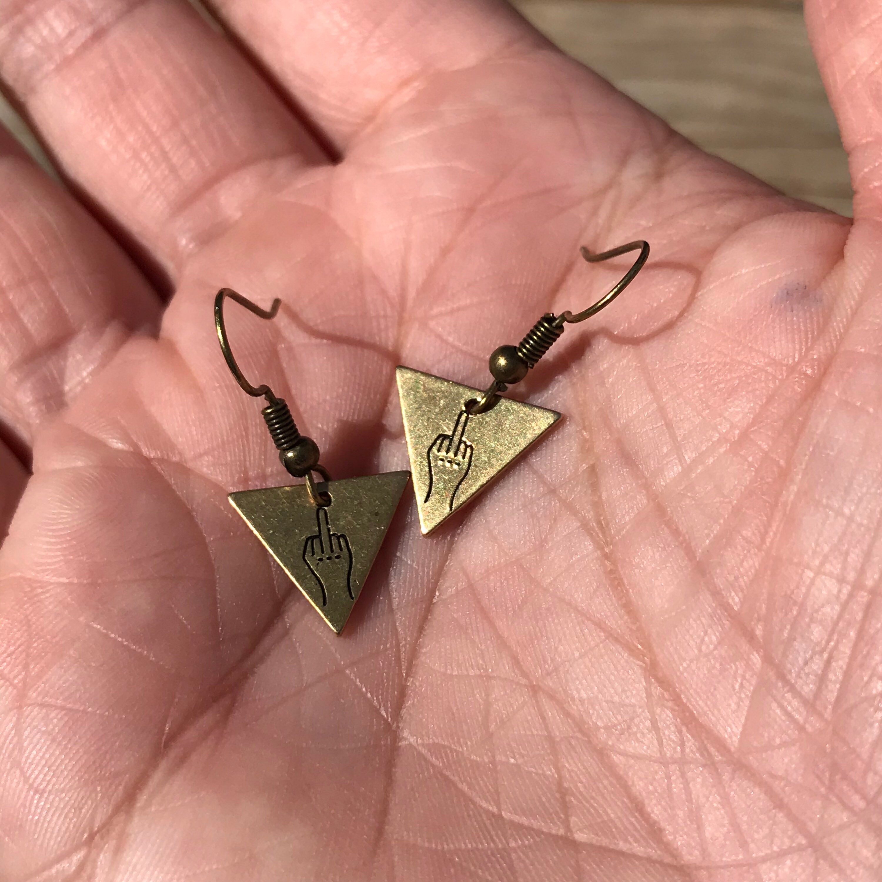 Fuck Off Earrings, Fuck You, Middle Finger, One Pair, Golden, Brass, Triangle Earrings, They Them, G on Luulla image picture